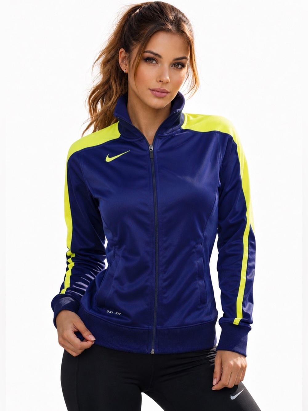 Nike Dri-FIT Track Jacket Womens XS Blue Volt Yellow Full Zip Running Athleisure